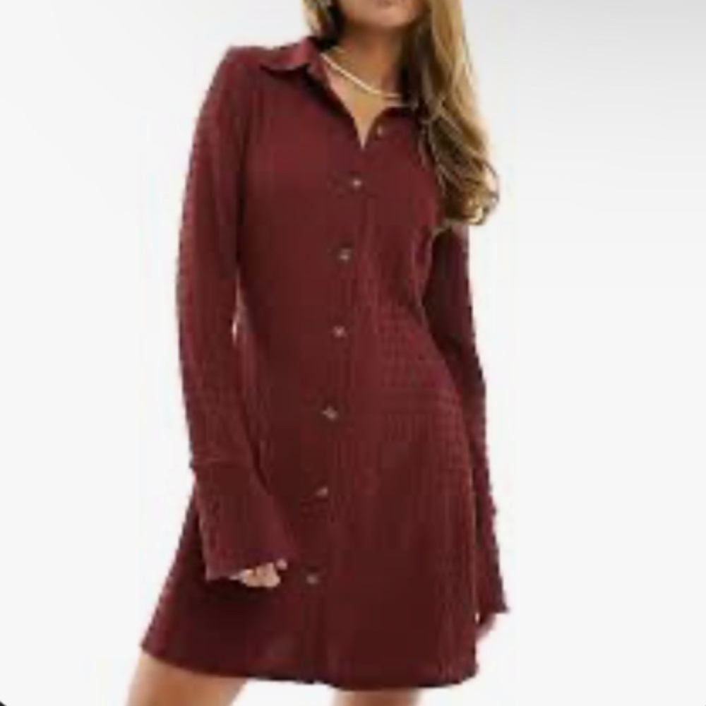 ASOS Mini Shirt Dress Button down Long Tulip sleeve Princess shoulder Burgundy 4
